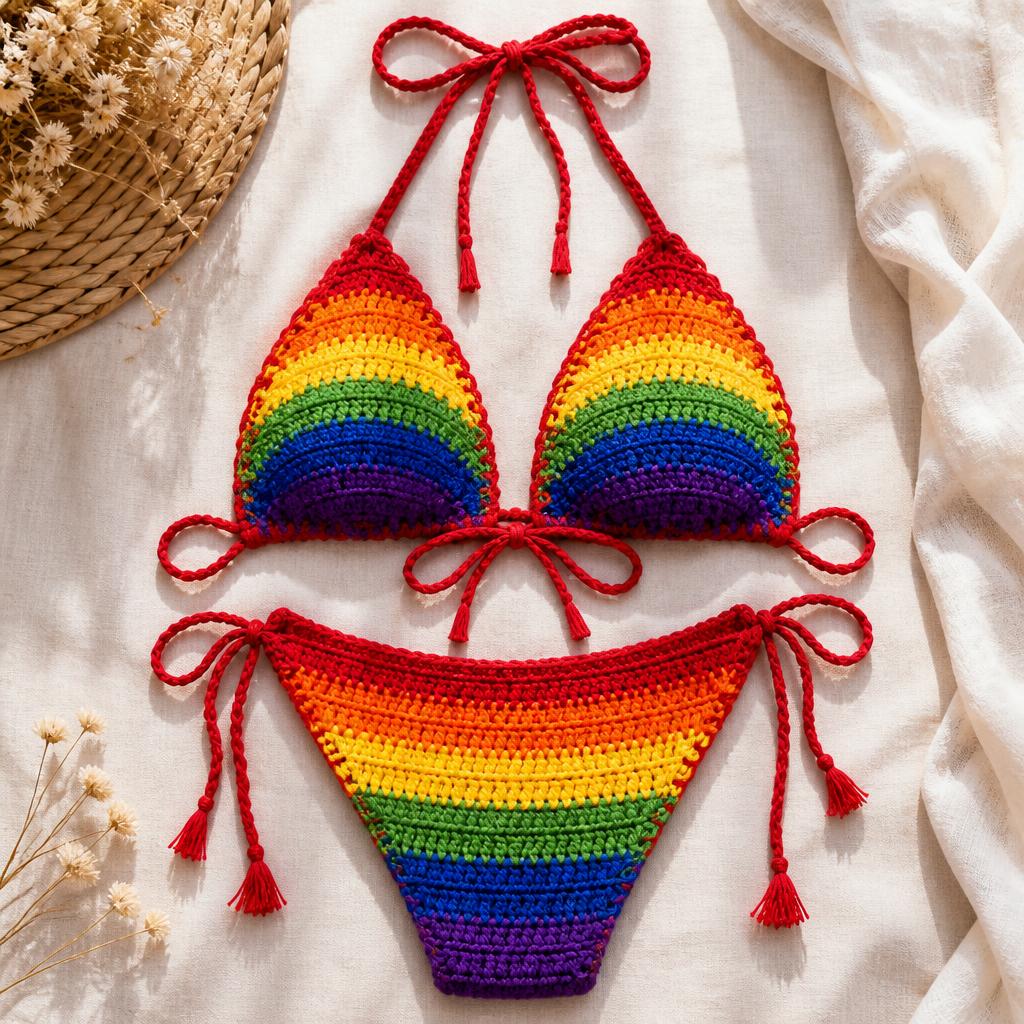 Handmade rainbow crochet bikini set by Cindy Wilson