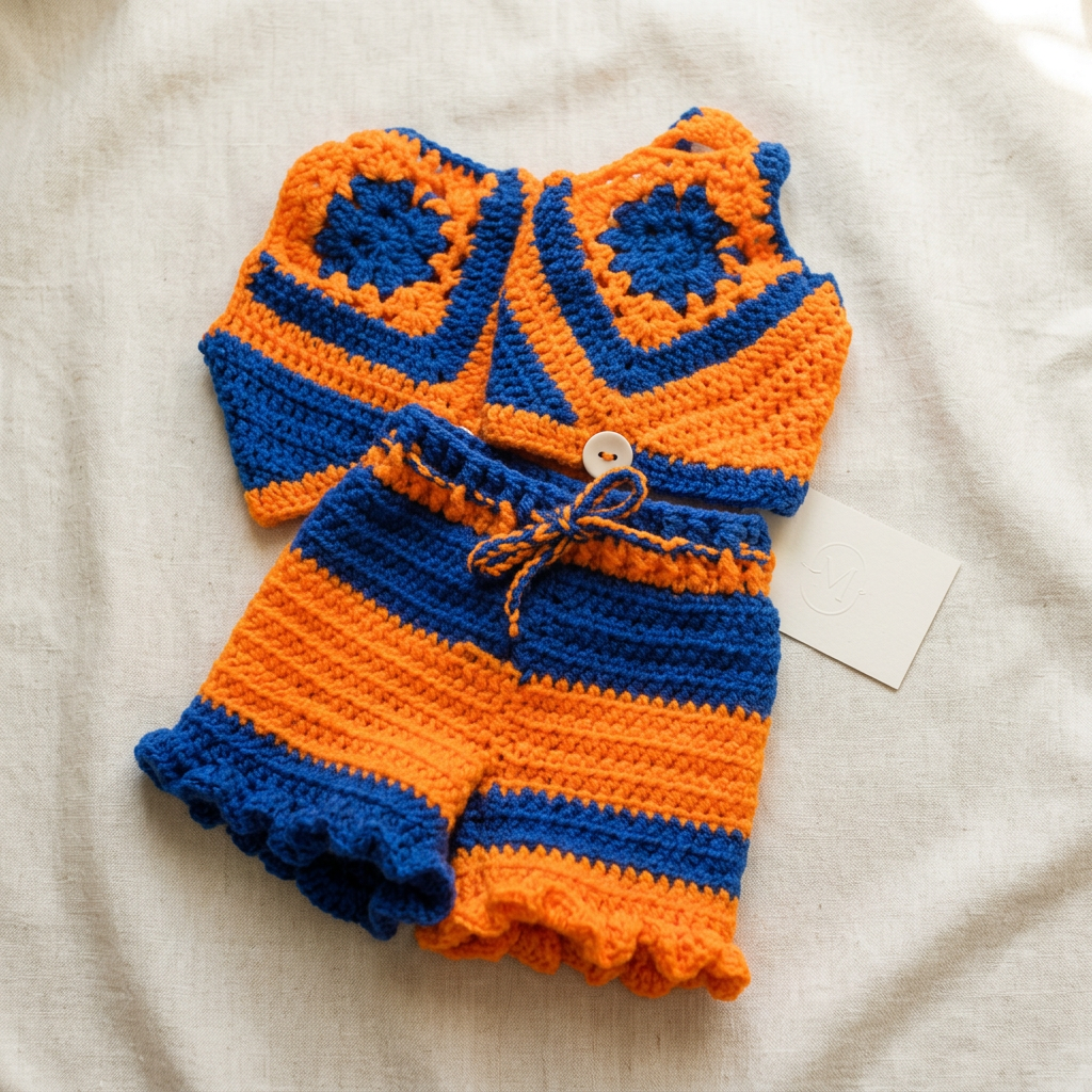 Handmade blue and orange ruffled crochet outfit by Cindy Wilson
