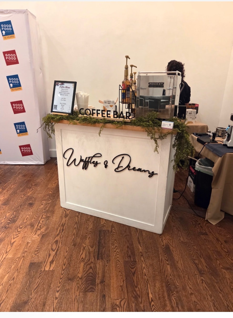 Waffles & Dreams coffee bar catering stand at an event